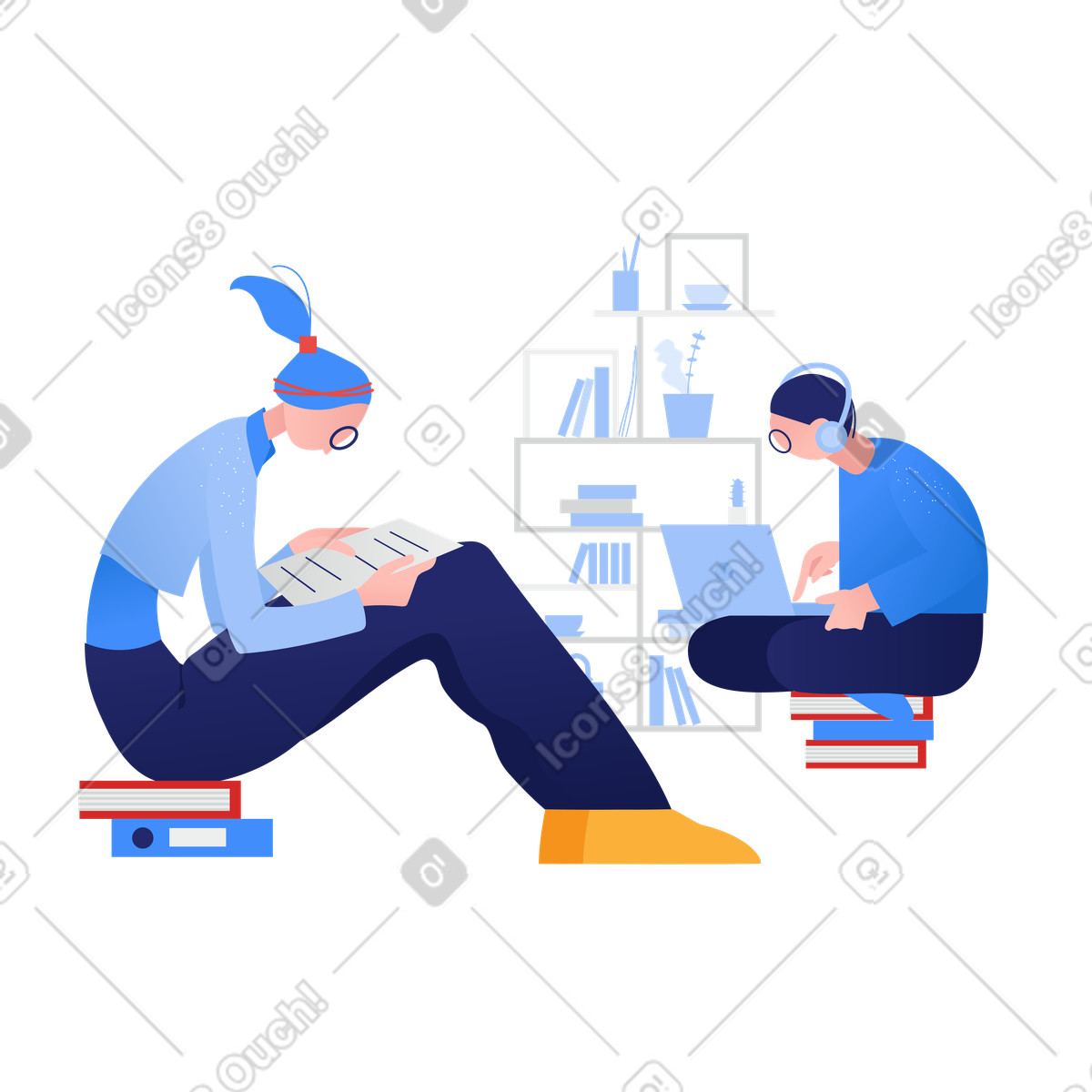 Boy listening to music and girl reading books in isolation-Illustration im Clip-Stil als Download PNG, SVG