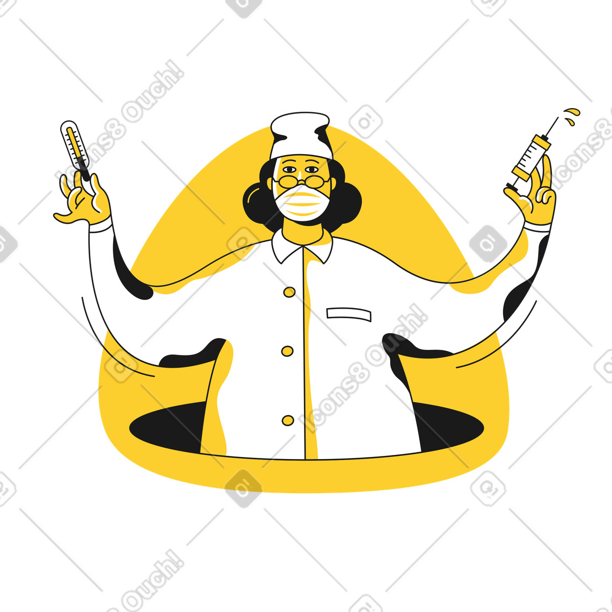 Ilustración Doctora sosteniendo una jeringa y un termómetro médico en estilo Taxi a descargar en PNG SVG