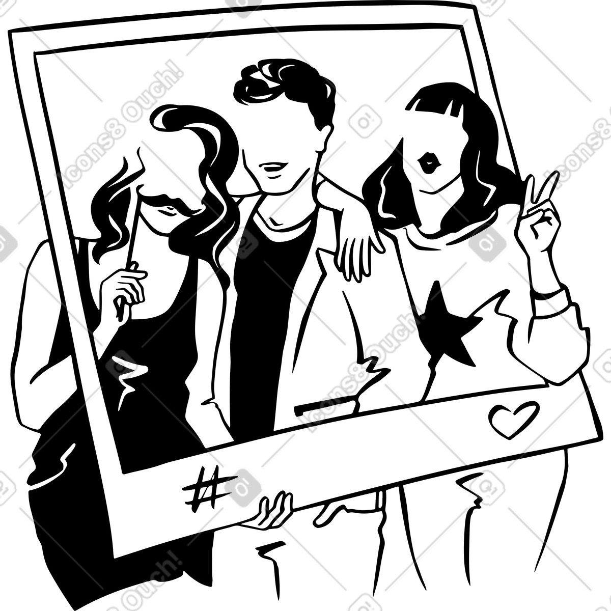 I colleghi scattano un selfie aziendale in una cornice decorativa illustrazione stile Line scarica PNG, SVG