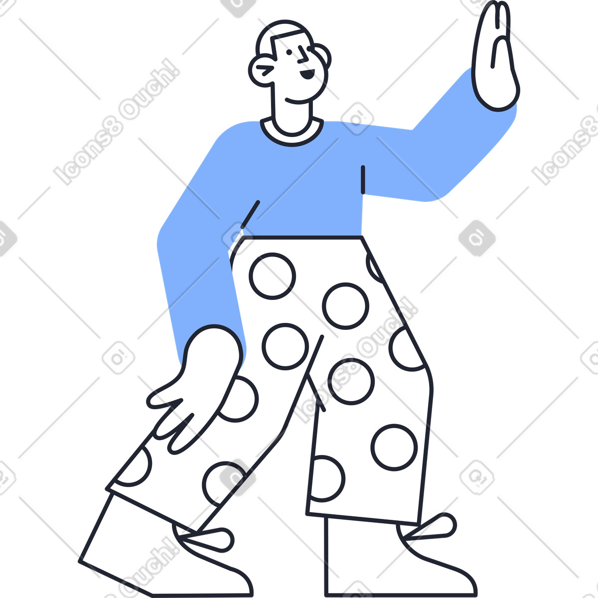 Man in blue sweater and polka dot pants with hand up illustration Pablita style download PNG, SVG