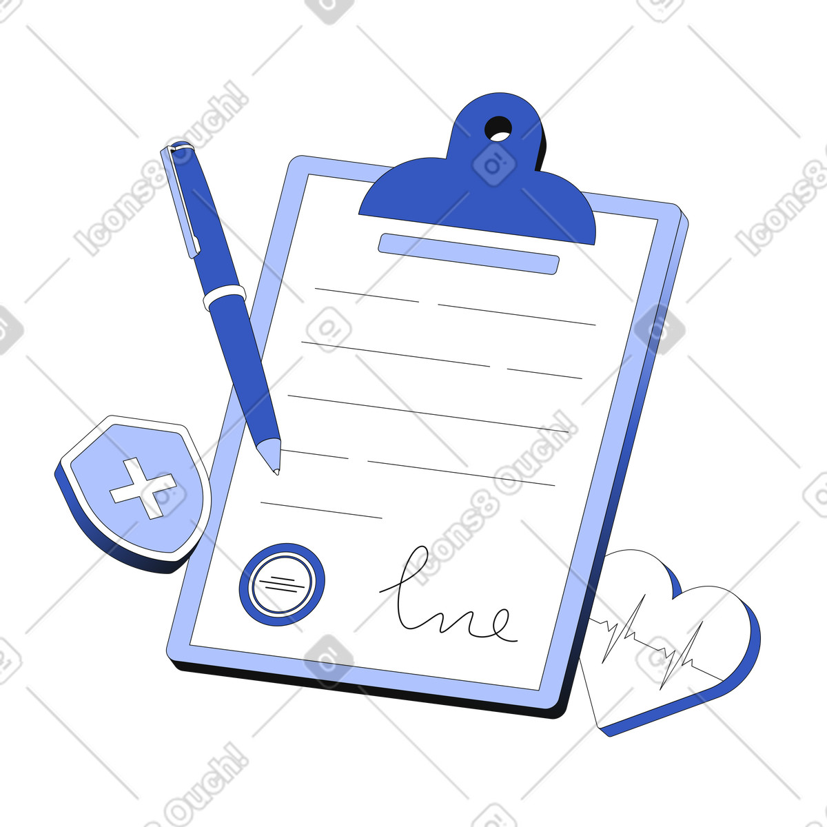 Signed health insurance policy on clipboard animated illustration in GIF, Lottie (JSON), AE