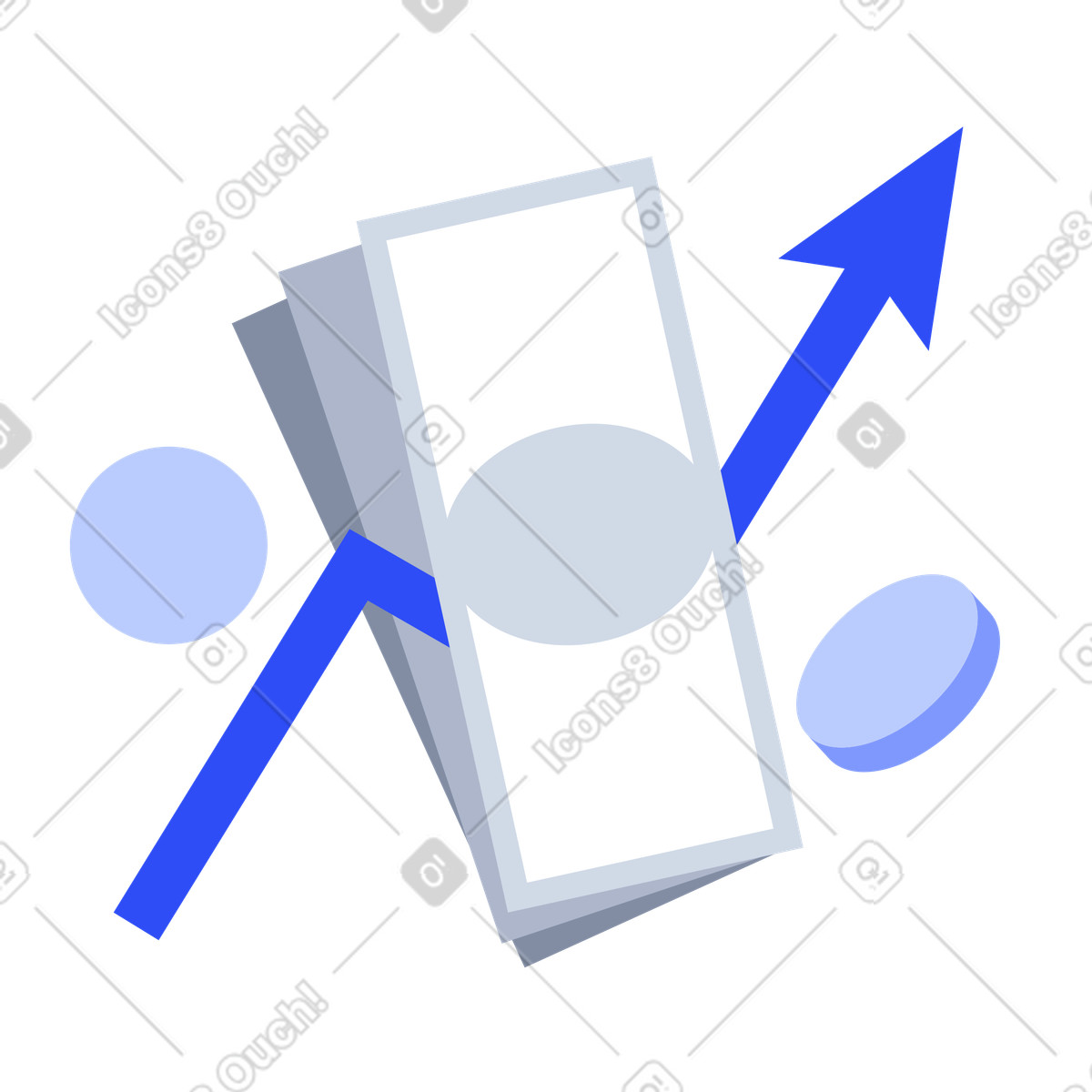 Banknotes with upward arrow and coins, Business success revenue growth illustration in System style download in PNG, SVG