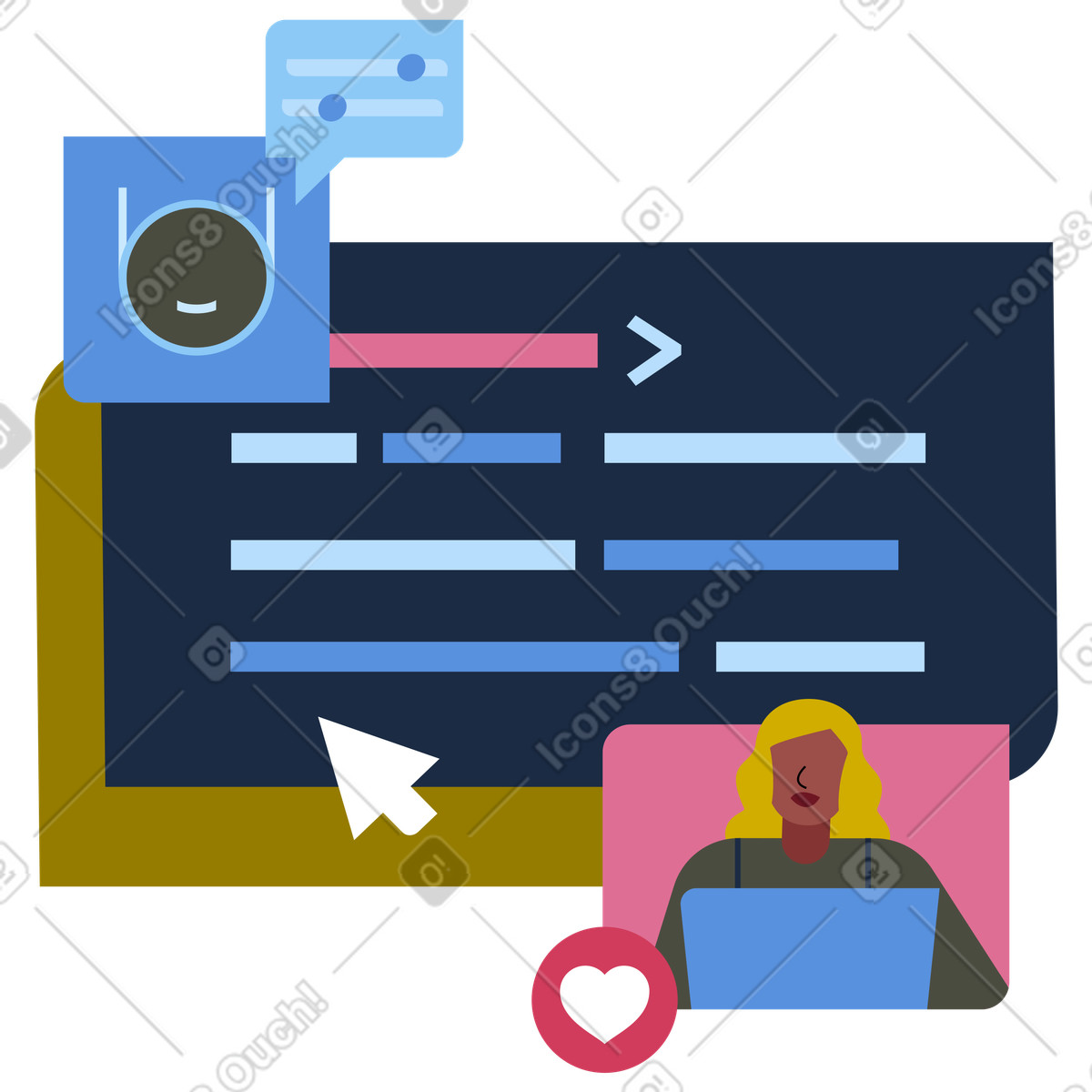 AI coding assistant for developers, Human–AI collaboration in programming, Chat support technical tasks animated illustration Vector style download GIF, Lottie (JSON), AE