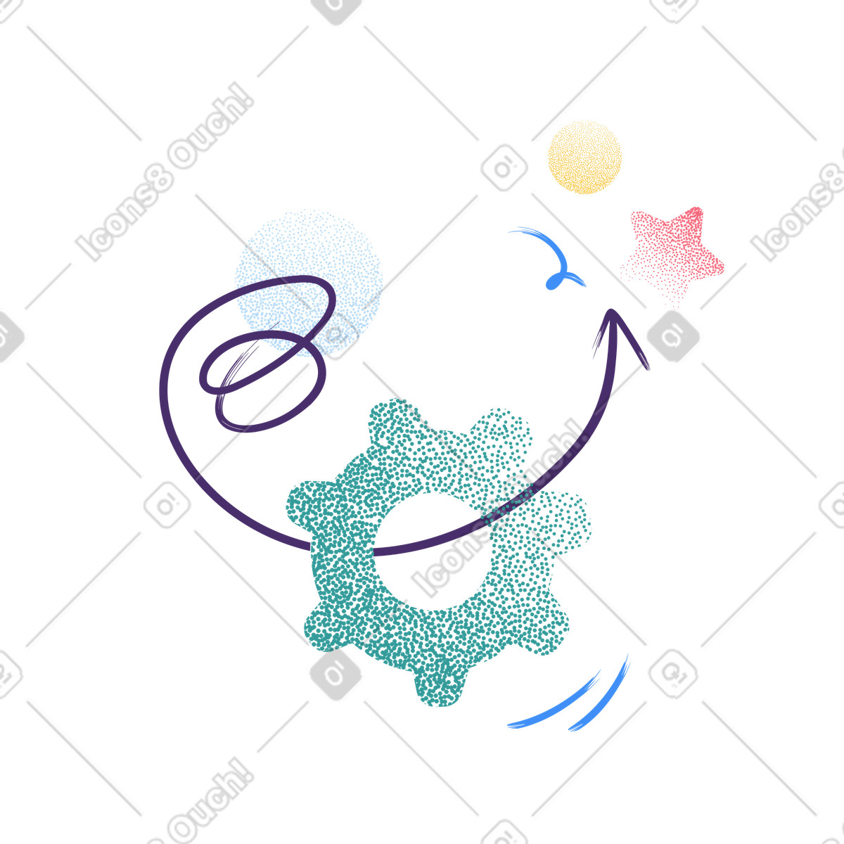 Gear representing process optimization with arrow indicating strategic growth direction-Illustration im Grain-Stil als Download in PNG, SVG