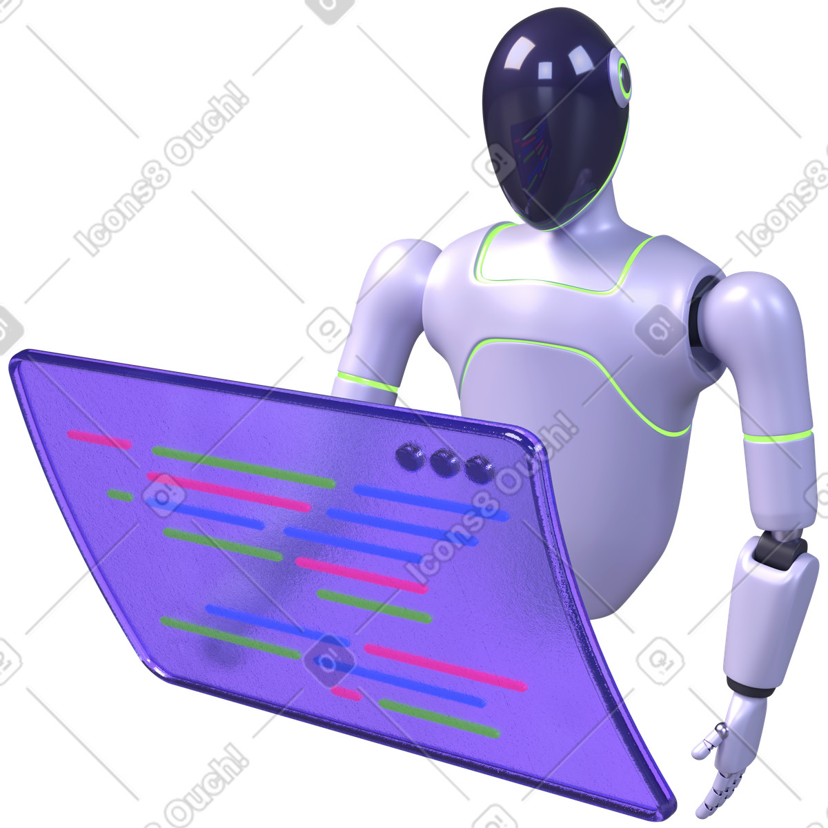 Ai coding assistant, futuristic robot with holographic screen, programming and software development illustration in PNG, SVG