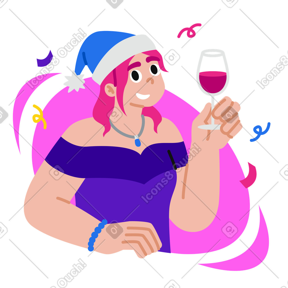 Illustration Femme heureuse en bonnet de noel avec un verre vin dans le style Active à télécharger aux formats PNG, SVG