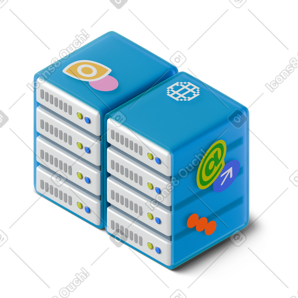 Иллюстрация Data center servers represent online hosting and network storage technology в стиле 3D Stickle — скачать в форматах PNG, SVG