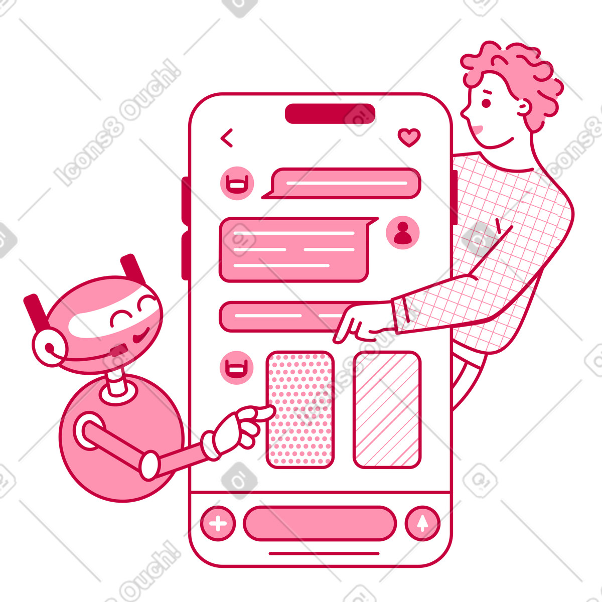 下载 Natty 风格的 男子与人工智能聊天机器人交流 插画，支持 PNG、SVG 格式
