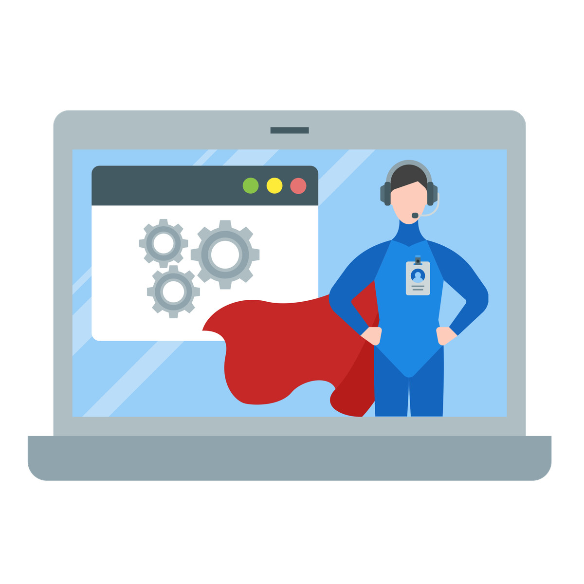 Laptop displaying support agent in superhero outfit, Online customer service illustrazione stile Fogg scarica PNG, SVG