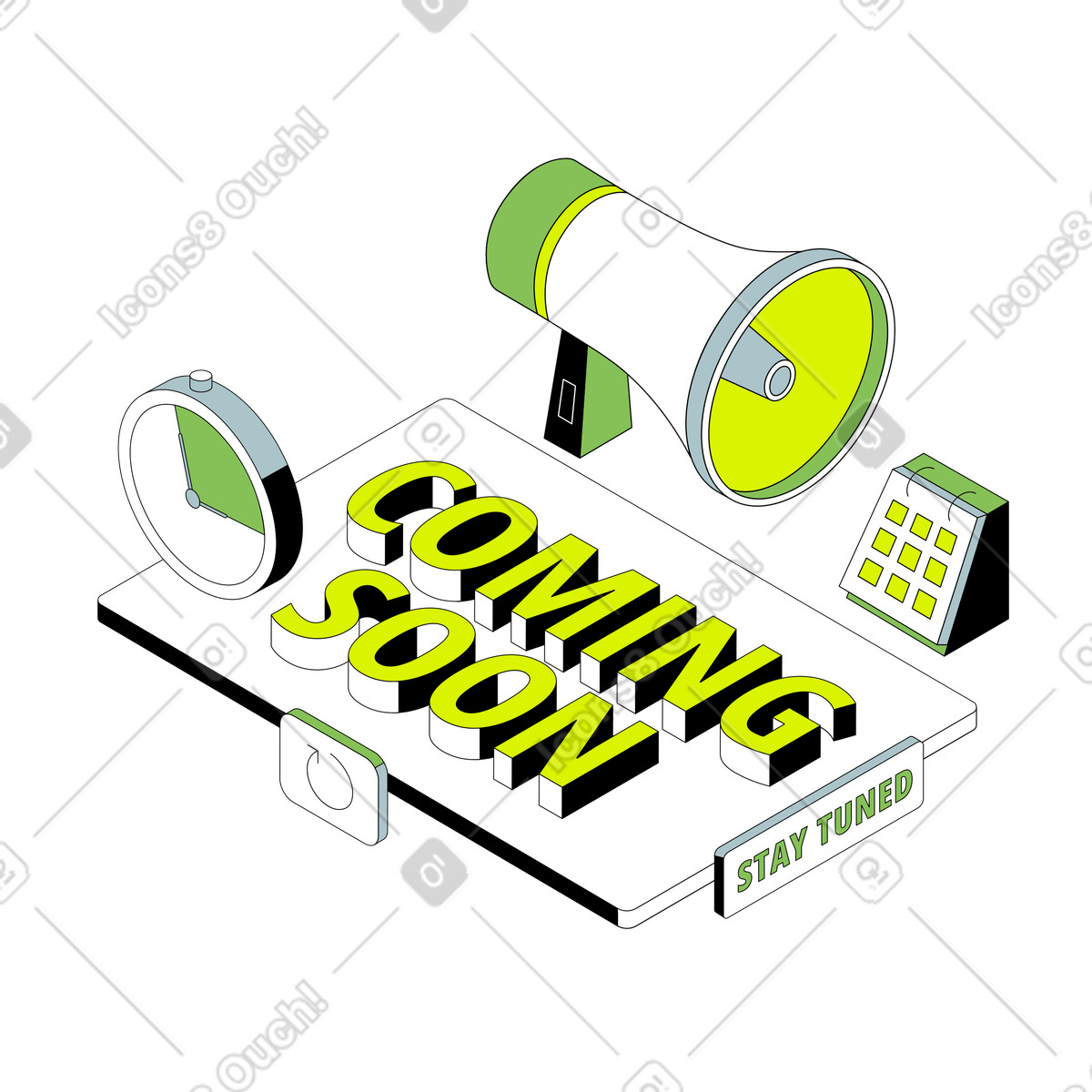 Lettering Coming Soon with megaphone, clock and calendar text illustration in Isometric style download in PNG, SVG