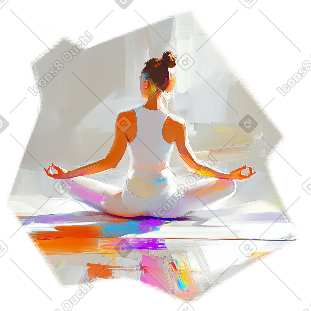 Illustration Peinture à l'huile d'une femme en position du lotus méditant et faisant yoga dans le style Pictorial télécharger aux formats PNG, SVG