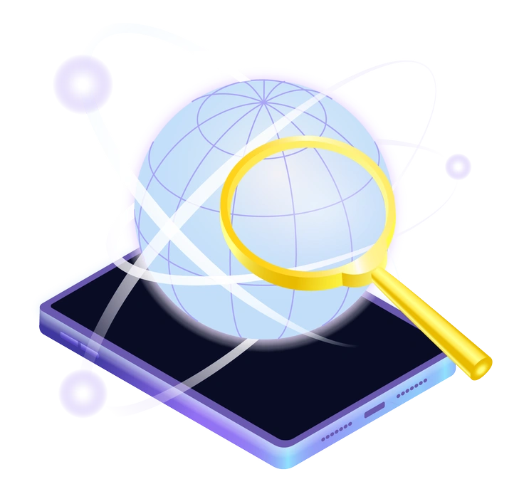 A magnifying glass over a globe on a smartphone - Isotech style illustration