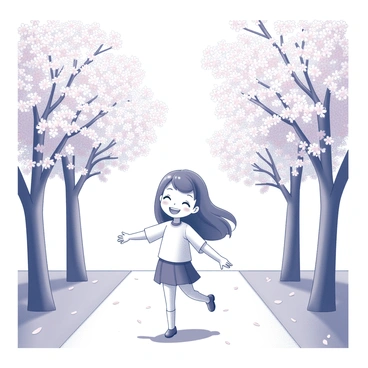 A cartoon girl walking along a path lined with cherry blossom trees. She has a joyful expression on her face, with her hair flowing in the gentle breeze. The trees are in full bloom, with clusters of flowers hanging overhead, creating a canopy of blossoms. The sun is shining, casting soft shadows on the ground as she strolls, her arms slightly raised as if embracing the beauty of her surroundings. The petals from the trees are gently falling around her, adding to the scene's lively atmosphere.