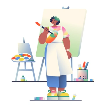 An artist with light brown skin and curly hair is standing in front of a large blank canvas. They are wearing a white apron over a colorful t-shirt, and their hands are covered in various paint colors. The artist is holding a large paintbrush in their right hand, which is poised over the canvas. To the left, a palette filled with vibrant colors, including red, blue, yellow, and green, is resting on a small table. Several paint tubes are scattered around, with some lying open and spilling out paint. In the background, there are easels and art supplies neatly arranged, creating a lively studio atmosphere.