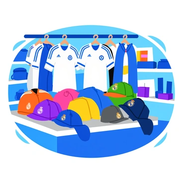 A colorful display of "Real Madrid merchandise" at a shop. The display features various "jerseys" hanging on racks, showcasing the team's iconic white and blue colors. There are "scarves" draped elegantly over the display, displaying the team's logo in bold lettering. A selection of "hats" in different styles is arranged neatly, with some featuring the team's emblem prominently on the front. The background includes shelves filled with additional products, all reflecting the team's branding. The lighting highlights the vibrancy of the merchandise, creating an inviting shopping atmosphere.
