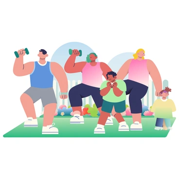 A family is in their backyard performing lateral raises together. The family consists of four members: a man with dark hair wearing a blue tank top and gray shorts, a woman with light brown hair in a ponytail wearing a pink t-shirt and black leggings, and two children, a boy with curly hair in a green shirt and shorts and a girl with straight hair wearing a yellow dress. They all hold small dumbbells in their hands and are following a synchronized motion, lifting their arms to the side. The grass beneath them is lush and green, and there are a few colorful flowerbeds lining the backyard. In the background, a white wooden fence and a clear blue sky are visible.