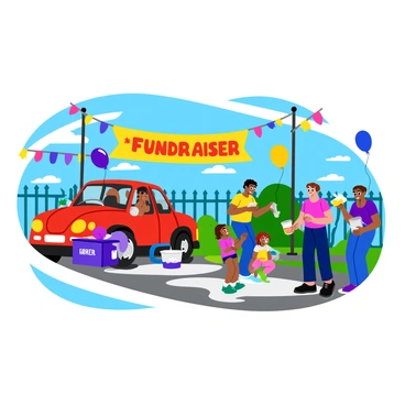A lively community car wash event taking place on a sunny day. Colorful balloons in various shapes are tied to the nearby fences and scattered throughout the area. Brightly colored banners hang above the car wash area with the words "Car Wash Fundraiser" written in large, bold letters. A group of enthusiastic volunteers is seen washing cars with sponges and buckets filled with soapy water. Some children are playing nearby, holding small water balloons. A donation box is positioned prominently, encouraging people to contribute. The scene is filled with a sense of community spirit and joy.