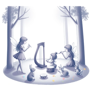Several fairies are gathered in a sunlit clearing, each playing different musical instruments. One fairy is playing a delicate harp, its strings shimmering as she strums softly. Another fairy holds a flute to her lips, her eyes closed in concentration, while a third is joyfully beating a small drum. Surrounding them, several woodland animals, including a curious rabbit, a deer, and a squirrel, are attentively listening to the enchanting music. Tall trees frame the clearing, their leaves whispering gently in the breeze. A few colorful flowers dot the ground, adding to the charm of this serene woodland gathering.