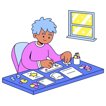 A child is sitting at a desk, focused on designing their own Pokémon card. The desk is scattered with an array of blank cards in various sizes, some are large and others are small. The child is holding a colorful marker, adding details to one of the cards. There are stickers and colored pencils nearby, adding to the vibrant atmosphere. The background features a window with sunlight streaming in, illuminating the workspace.