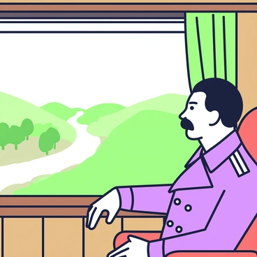 A man resembling Stalin is seated in a train carriage, gazing out of a large window. He has a distinctive mustache and is wearing a military-style coat. The train interior features vintage wood paneling and plush seating. Outside the window, a blurred landscape of rolling hills and fields is visible, with patches of trees and a winding river passing by. The sunlight casts a warm glow inside the carriage, highlighting the man's contemplative expression as he observes the scenery.