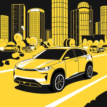 A sleek, futuristic crossover SUV with smooth curves and an aerodynamic design is driving on a busy road. The SUV has illuminated outlines and features that highlight its modern aesthetics. Surrounding the vehicle is a vibrant cityscape filled with tall buildings adorned with bright neon lights in various geometric patterns. The scene captures a nighttime atmosphere, with reflections of the colorful lights shimmering on the SUV's surface. The road is bustling with other vehicles and pedestrians, all immersed in the lively ambiance of the city.