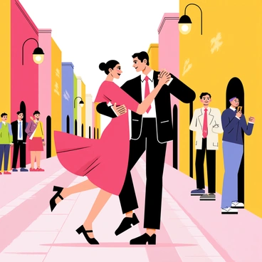 A couple passionately dancing the tango on a cobblestone street in Buenos Aires. The man is wearing a black suit with a red tie, while the woman is dressed in a flowing red dress with black accents. They are positioned in an elegant pose, with the man's arm wrapped around the woman's waist and her hand elegantly extended. Street lamps illuminate the scene, casting a warm glow on the couple. Colorful buildings line the street, creating a vibrant backdrop. A few spectators watch in admiration from the side.