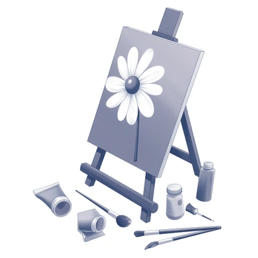 An easel stands upright, showcasing an unfinished painting of a "daisy" that occupies the canvas. The daisy is depicted with delicate petals and a prominent center, yet the colors are not fully realized. Surrounding the easel are several tubes of paint, some open with paint oozing out, while others remain capped. Various paintbrushes lie scattered around, with some resting against the base of the easel and others leaning against the tubes of paint, varying in size and bristle thickness, indicating active use.