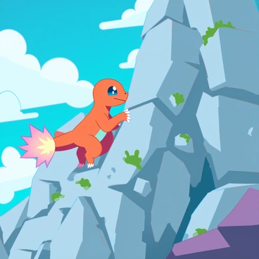 A small, orange Charmander with large, expressive eyes is climbing a steep, rugged rocky mountain. Its tail flame flickers brightly, illuminating the surrounding crevices. Charmander’s claws dig into the rough stone as it ascends, showing its determination. The rocky surface is textured, with patches of moss and small boulders scattered throughout. The sky above is a vibrant blue with a few wispy clouds, creating a stark contrast against the mountain's gray tones. A sense of adventure and challenge fills the scene as Charmander pushes onward.