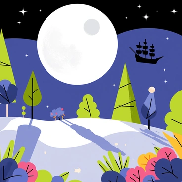 A whimsical depiction of "Neverland" under a "full moon" illuminating the scene. The moon is large and bright, casting silver light over the landscape. Shadows of trees and fantastical creatures are seen "dancing across the ground", creating playful patterns. In the foreground, there are colorful flowers and lush greenery, while in the background, a silhouette of a pirate ship can be seen floating gently in the starry sky. The entire scene is filled with a sense of magic and adventure.