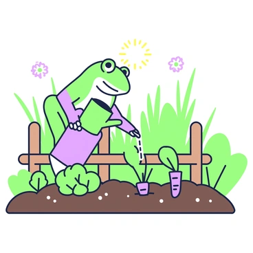 A green frog is tending to a small vegetable patch. The frog is holding a green watering can in its hands, pouring water over a few young plants that are sprouting from the soil. Surrounding the frog are various vegetables, including green leafy lettuces and small purple carrots peeking through the dirt. The patch is bordered by a simple wooden fence, and in the background, there are tall green grass and a few small flowers adding a vibrant touch to the scene. The sky above is clear, allowing sunlight to shine down onto the frog and the vegetable patch.