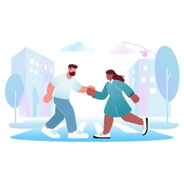 A young person is gently assisting an elderly woman to cross the street. The young person is wearing casual clothing and has a friendly posture, extending one arm towards the elderly woman for support. The elderly woman is dressed in a long coat and is holding onto the young person's arm. In the background, there are soft pastel-colored buildings lining the street, along with a few trees that enhance the scene. A "Walk" signal is illuminated at the crosswalk, indicating the safe passage across the street.