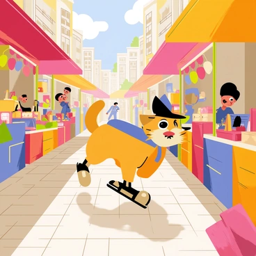 Puss in Boots is weaving through a vibrant marketplace filled with an array of colorful stalls. The stalls are adorned with bright fabrics, fruits, and trinkets, each showcasing unique items. Puss, wearing his signature hat and boots, looks around with keen eyes and a curious expression. The scene is bustling with animated characters, including vendors and shoppers, creating a lively atmosphere. Sunlight filters through the canopies of the stalls, casting playful shadows on the cobblestone ground.