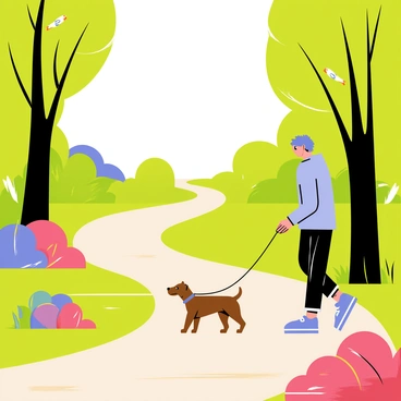 A nature trail winding through a lush landscape, flanked by tall green trees and vibrant, colorful foliage. A person wearing a light blue jacket is walking a small brown dog on a leash. Sunlight filters through the leaves, casting dappled shadows on the path. The ground is covered with a mix of brown leaves and soft grass. In the background, a few birds can be seen perched on the branches of the trees.