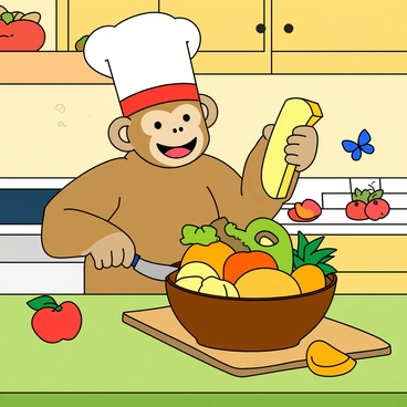 A cartoon monkey with a light brown fur and a playful expression is standing on a bright green kitchen countertop. The monkey is wearing a tall white chef's hat with a red band. In front of him, there is a large wooden bowl filled with a colorful assortment of tropical fruits, including pineapple, mango, and kiwi. The monkey holds a small knife in one hand, and with the other, he is expertly slicing a ripe banana. Around the counter, there are scattered fruits, a cutting board, and a cheerful kitchen background with bright colors. A few playful butterflies flutter around, adding to the lively atmosphere.