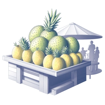 A fruit stand filled with an abundance of different fruits. At the center, there are several large, spiky jackfruits stacked high, showcasing their distinctive green, bumpy skin. Surrounding the jackfruits, there are bright yellow pineapples, their tops adorned with spiky green leaves, creating a contrast in shapes and textures. The stand is made of wooden planks, with a simple structure supporting the fruits. Background details include a bustling market scene with people interacting, further enhancing the lively atmosphere of the market.