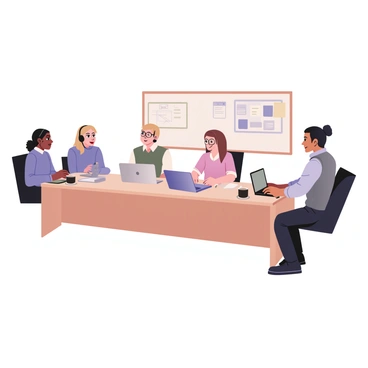 A digital flat illustration featuring a group of five call center agents gathered around a long rectangular table. The first agent on the left has dark skin, short black hair, and is wearing a blue shirt with a headset. The second agent next to her has light skin, curly brown hair, and is wearing a green sweater. The third agent in the middle has medium skin and straight blonde hair, wearing a white shirt and glasses. The fourth agent, with medium skin and a ponytail, wears a pink blouse and is taking notes. The fifth agent on the right has dark skin, short hair, and is wearing a gray vest over a light blue shirt. On the table, there are laptops, notepads, and cups of coffee. A whiteboard in the background displays notes and diagrams. The agents are engaged in discussion and appear focused.