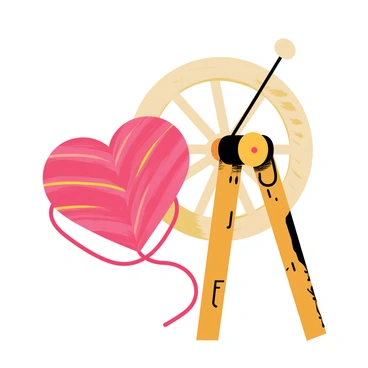 A heart-shaped yarn ball in vibrant shades of red and pink is positioned prominently in the center. It is being spun from a vintage wooden spinning wheel with intricate carvings. The wheel has a large, turned knob and a sturdy frame. Colorful threads trail from the heart-shaped yarn ball, connecting to the spinning wheel, illustrating the crafting process. Soft, warm lighting highlights the textures of the yarn and the wood of the wheel, creating a cozy atmosphere that symbolizes love for crafting.