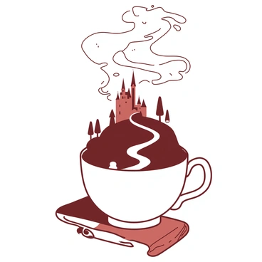 A white teacup is placed on a wooden table, with steam rising gently from the surface of the hot beverage inside. The steam curls and twists above the teacup, forming intricate shapes that depict a story scene. In the steam, there are silhouettes of a tall castle on a hill, a winding path leading up to it, and small trees scattered around. A whimsical figure can be seen walking along the path, with a flowing cloak billowing behind them. The background is softly blurred to emphasize the delicate steam formation above the teacup.