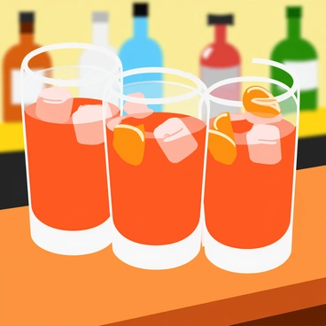 A collection of three negroni cocktails displayed on a polished wooden bar countertop. Each cocktail is in a clear glass, showcasing the rich reddish-orange color of the drink. The glasses are garnished with a twist of orange peel, resting on the rim. Ice cubes float inside each drink, reflecting the soft light. In the background, there are glimmers of various liquor bottles and bar tools, setting the scene for cocktail hour.