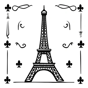 A vintage postcard featuring an illustration of the "Eiffel Tower" prominently in the center. Surrounding the tower are multiple "fleur-de-lis" symbols arranged in a decorative pattern. The background consists of subtle ornamental details that enhance the vintage aesthetic. The overall composition is framed with a decorative border, giving it an authentic postcard appearance.
