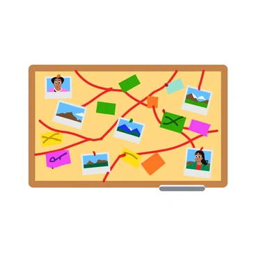 A corkboard filled with various photos pinned to its surface, showcasing different faces and landscapes. Colorful notes in different shapes and sizes are also attached, some featuring hand-written messages. Bright red string connects several of the photos and notes, creating a web of clues that intertwines across the board. The corkboard is framed by a wooden border, adding an additional layer of detail to the composition. The overall scene conveys a sense of investigation and discovery.