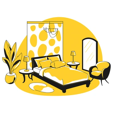 A large bedroom with elegant art deco furnishings. The bed is adorned with a plush yellow duvet and decorative pillows, surrounded by two ornate bedside tables. A tall, geometric-patterned wallpaper covers the walls, featuring bold shapes that create a striking visual effect. A stylish chandelier hangs from the ceiling, casting soft light throughout the room. A plush rug with a unique design lies on the polished floor, and a vintage armchair is positioned in one corner, inviting relaxation. A tall mirror reflects the room's luxurious elements, completing the composition.