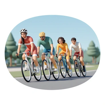A group of five cyclists, each wearing colorful racing jerseys and fitted helmets, are pedaling intensely on their sleek road bikes. The cyclists include a woman with long black hair in a red jersey, a man with short blond hair in a blue jersey, another man with a beard in a green jersey, a woman with curly brown hair in a yellow jersey, and a man with glasses in a white jersey. They are positioned in a tight formation, leaning forward with determination as they race along a winding road. The background features a blurred landscape of trees and a clear blue sky, emphasizing their speed and the competitive atmosphere of the professional cycling event.