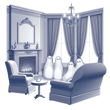 A Victorian sitting room with detailed woodwork and ornate furnishings. The room is filled with plush, upholstered seating arranged around a grand fireplace. The fireplace has an elaborate mantle with vintage decorative items. In front of the fireplace, a ghostly family is gathered, with three figures dressed in Victorian-era clothing. They are seated in a semi-circle, their transparent forms slightly glowing. A small side table holds an antique tea set, and the room is adorned with heavy drapes and an elaborate chandelier hanging from the ceiling. The atmosphere is quiet and eerie, enhancing the presence of the ghostly family.