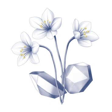 A collection of "freesia flowers" with delicate petals, showcasing their distinct shape and intricate details. The flowers are arranged in a harmonious manner, their stems gracefully intertwining with "clear quartz crystals." The crystals have sharp edges and a transparent appearance, reflecting light and enhancing the overall composition. The scene is set against a neutral background, allowing the flowers and crystals to stand out prominently.