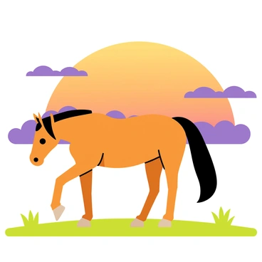 A mustang horse in profile, showcasing its strong and muscular build. The horse stands on a grassy plain, with its mane flowing in the wind. The sky behind the horse features vibrant orange and purple hues of a sunset, casting a warm glow. Silhouetted clouds add depth to the scene, framing the mustang against the colorful backdrop. The plains are dotted with tufts of grass and a few distant hills, enhancing the vastness of the landscape.