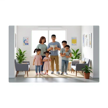 A family of four stands in a bright, modern NHS practice waiting area. The family consists of a mother with long brown hair, wearing a light blue sweater and jeans, and a father with short black hair, dressed in a gray t-shirt and khaki pants. There are two children; a young girl with pigtails wearing a pink dress and a boy with curly hair in a striped shirt. They are all looking at a colorful children's book that the girl is holding. The waiting area features a few chairs, a small table with magazines, and health posters on the walls. A large window lets in natural light, and small potted plants are placed around the room.