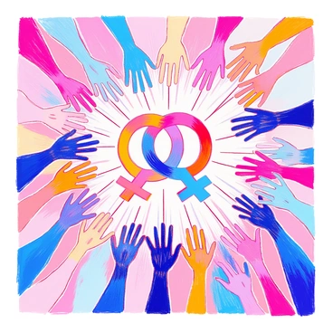 A network of interconnected gender symbols is displayed prominently in the center. Each symbol is colored differently, showcasing a vibrant palette. The symbols are connected by thin, flowing lines, creating a web-like structure. Surrounding the network, small, diverse hands reach out, symbolizing support and unity. The background features soft colors that complement the symbols, enhancing the overall sense of inclusivity and harmony. Each symbol is clearly defined, emphasizing the importance of equality for all genders.