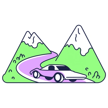 A car driving along a winding road with mountains towering in the background