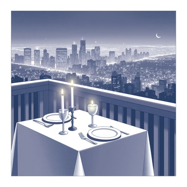 A balcony with an elegant wooden railing overlooks a sprawling city illuminated at night. A table is set for two, adorned with a white tablecloth and two neatly arranged place settings. Each setting includes a plate, silverware, and a wine glass. In the center of the table, there are several candles of varying heights, flickering softly in the night air. The view features distant skyscrapers and streetlights twinkling like stars below, creating a captivating urban landscape. A gentle breeze seems to rustle the tablecloth slightly, adding to the intimate atmosphere.